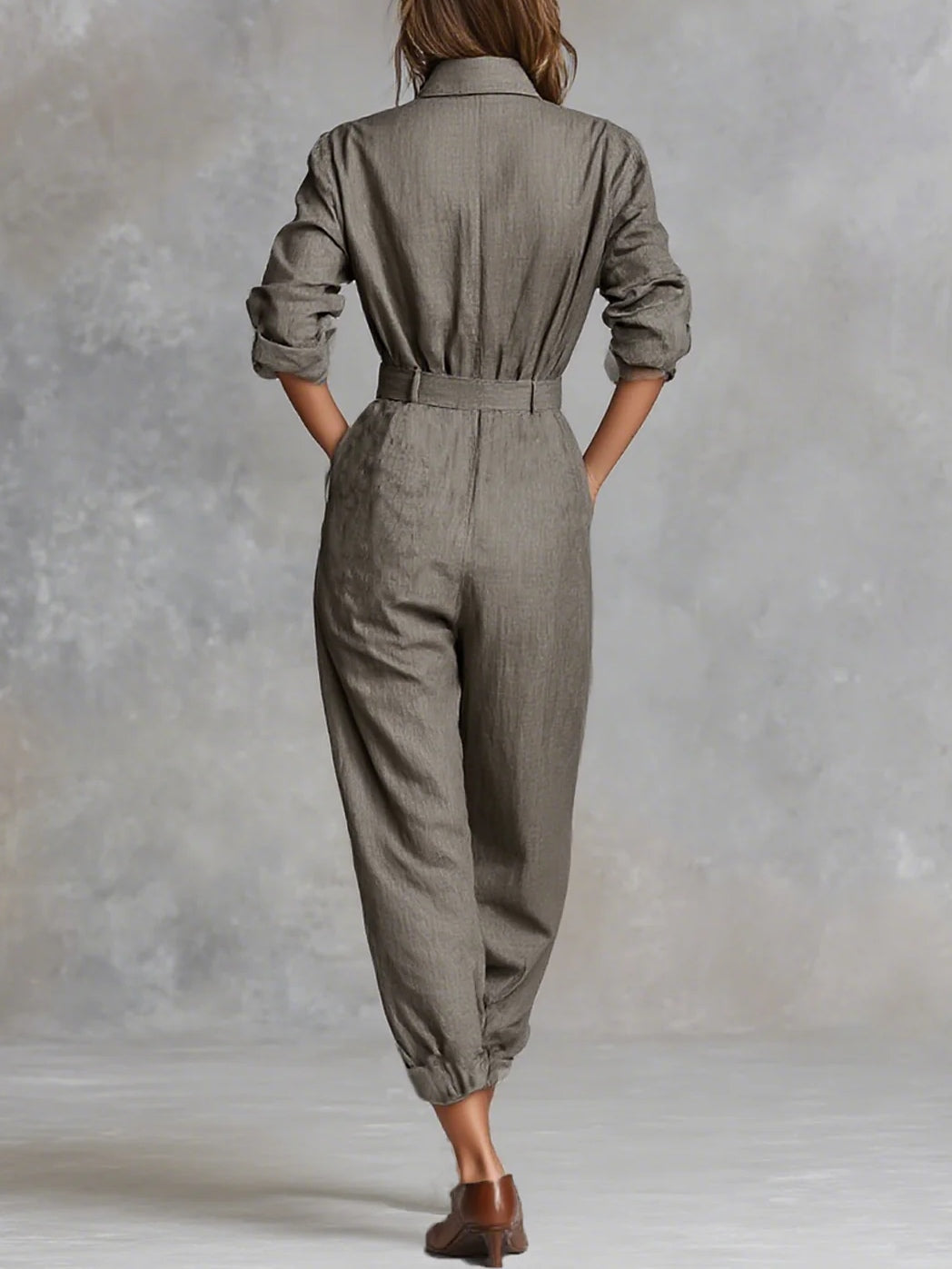 Cotton And Linen Blended Long Sleeve Shirt Jumpsuit-thevervian