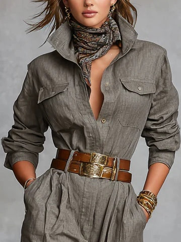 Cotton And Linen Blended Long Sleeve Shirt Jumpsuit-thevervian