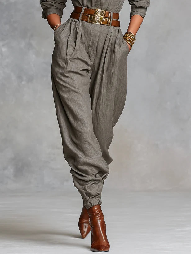 Cotton And Linen Blended Long Sleeve Shirt Jumpsuit-thevervian