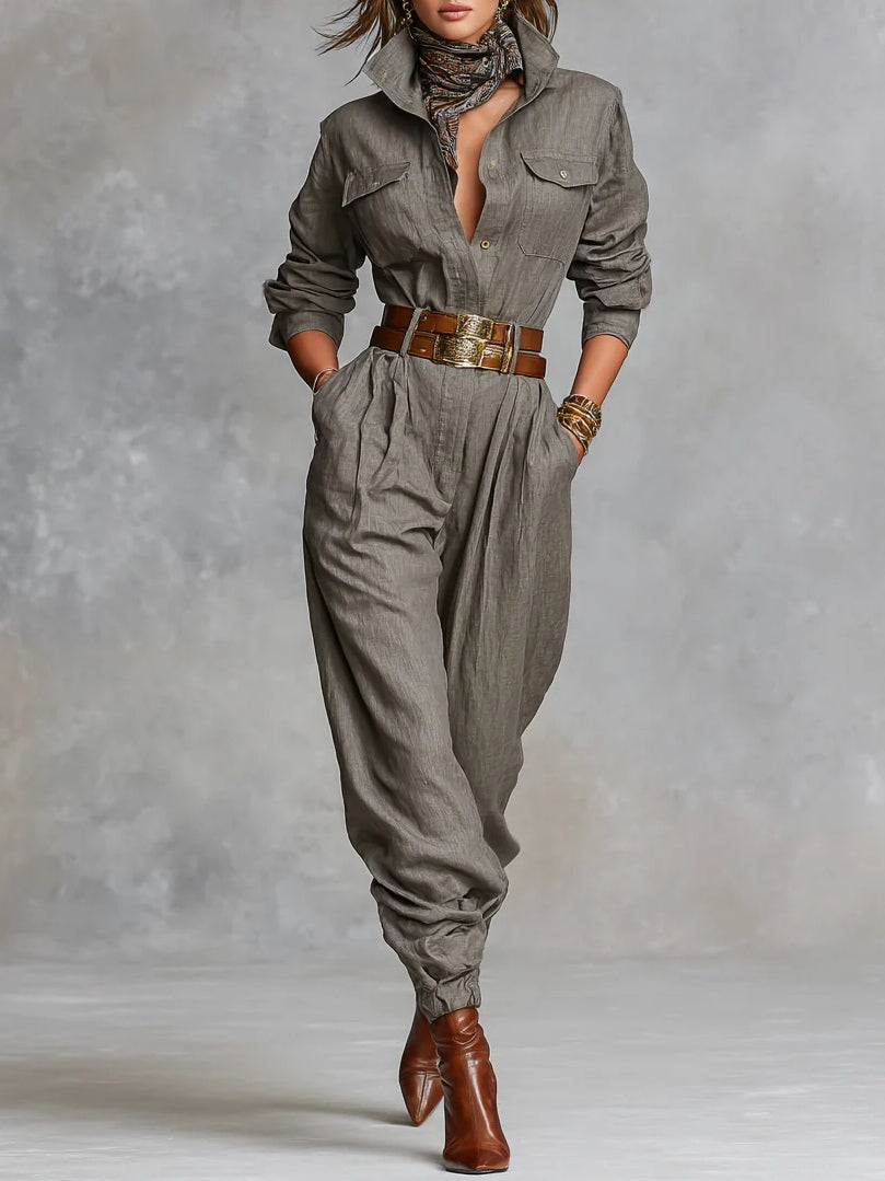 Cotton And Linen Blended Long Sleeve Shirt Jumpsuit-thevervian