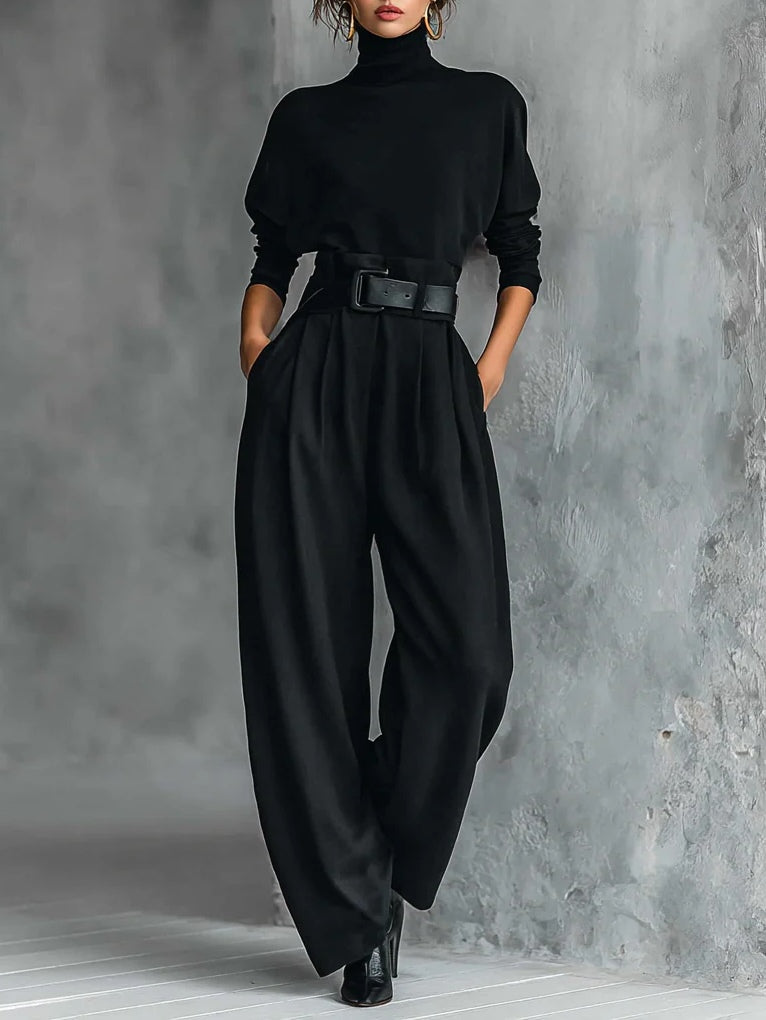 All-black Turtleneck Long-sleeved T-shirt And Straight-leg Pants Two-piece Set (including Belt)-thevervian