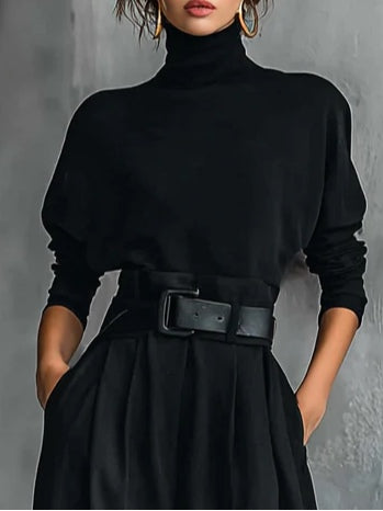 All-black Turtleneck Long-sleeved T-shirt And Straight-leg Pants Two-piece Set (including Belt)-thevervian
