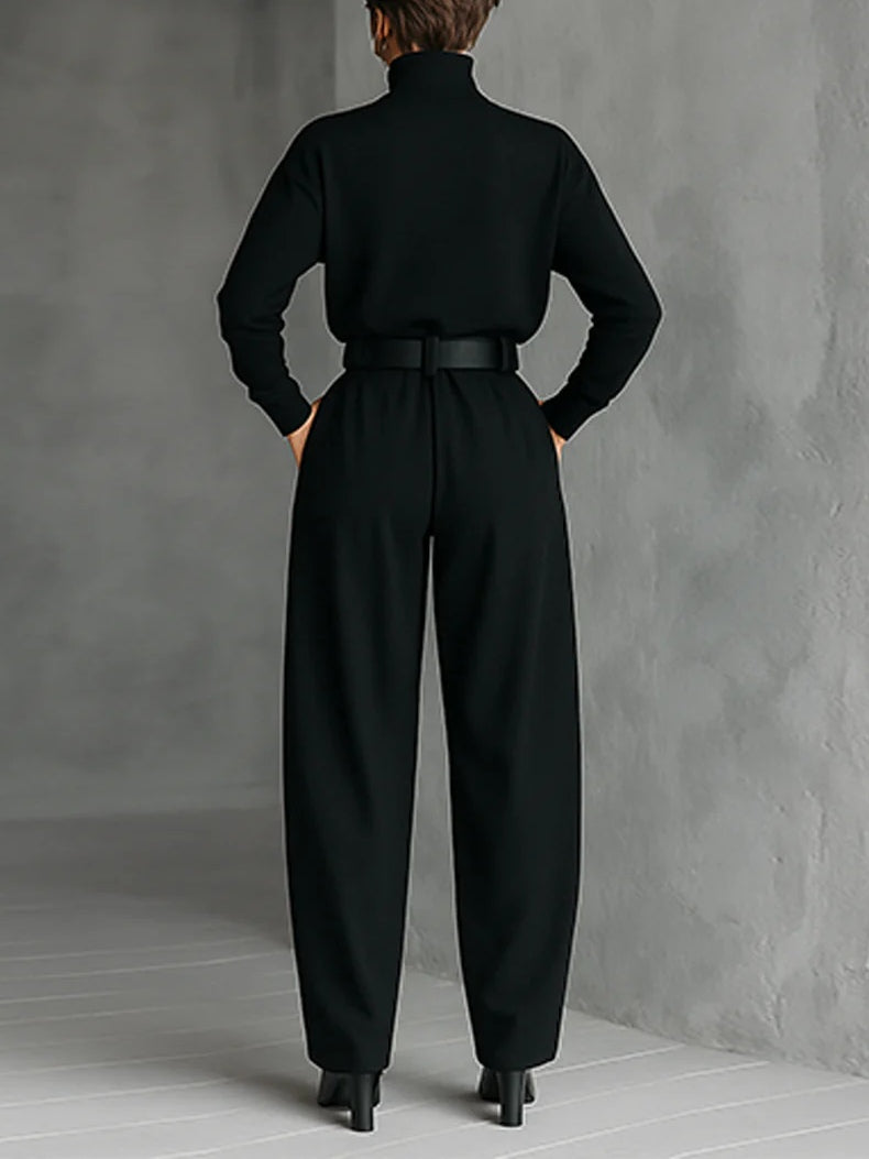 All-black Turtleneck Long-sleeved T-shirt And Straight-leg Pants Two-piece Set (including Belt)-thevervian