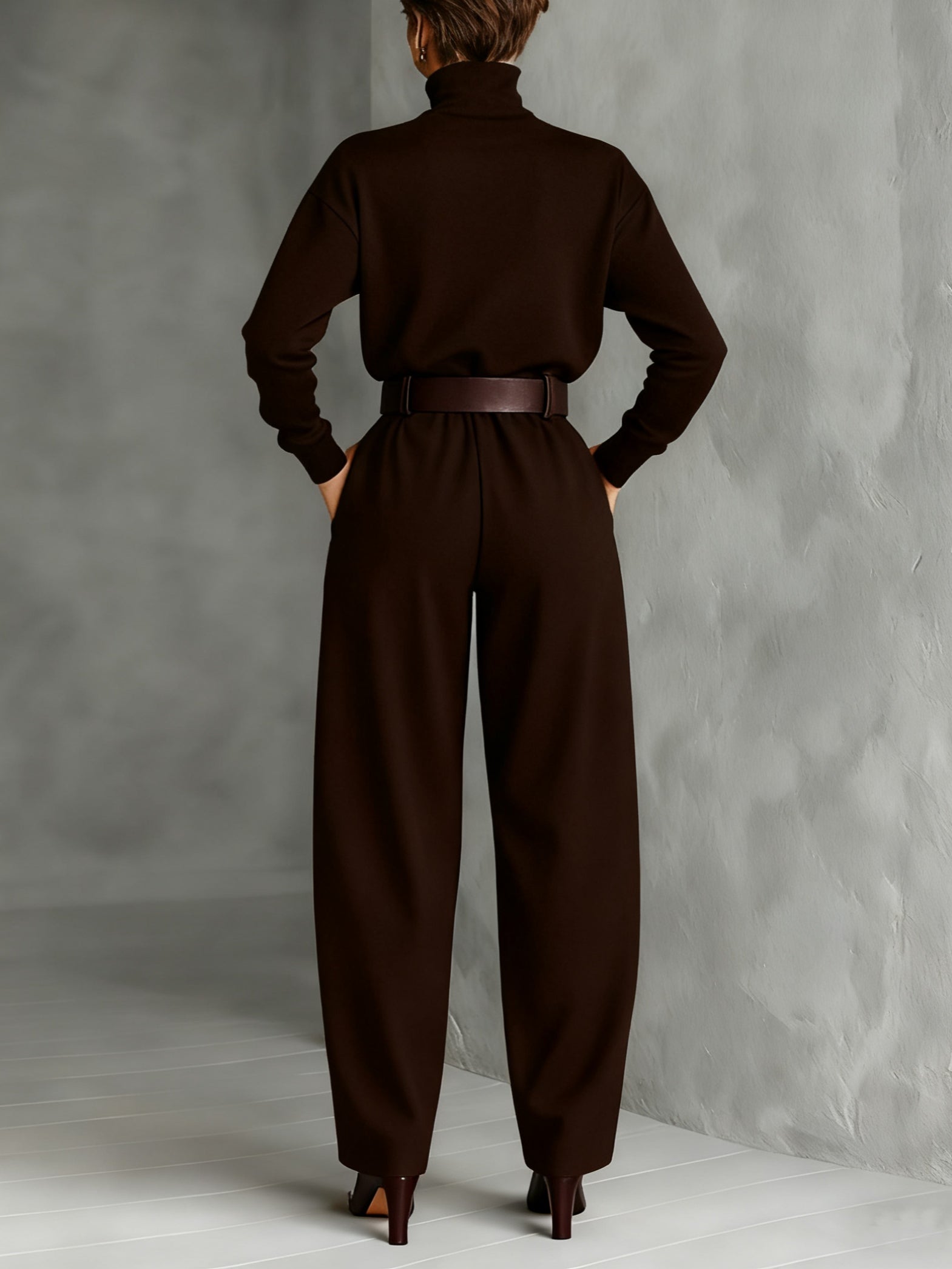 All-black Turtleneck Long-sleeved T-shirt And Straight-leg Pants Two-piece Set (including Belt)-thevervian