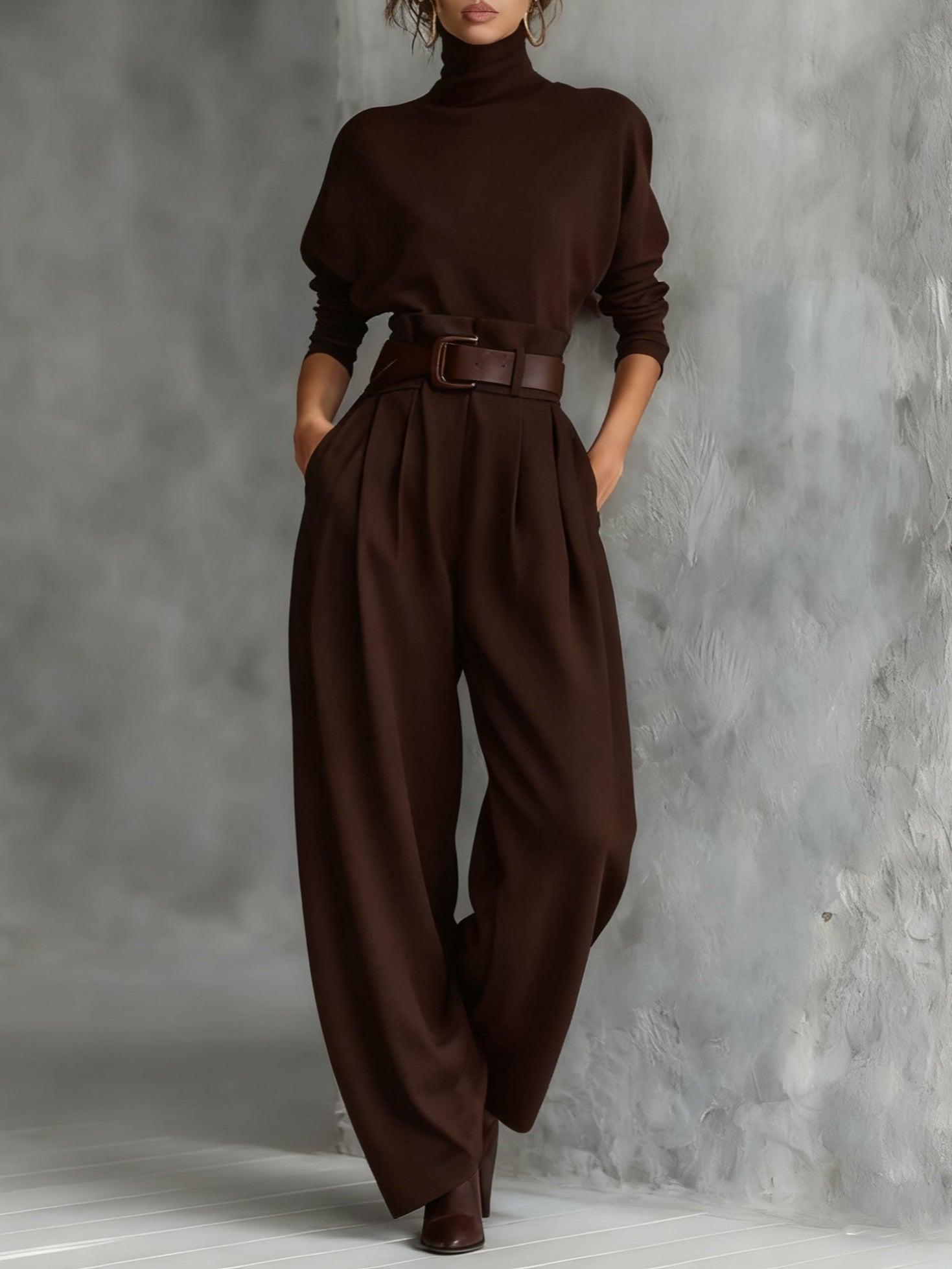 All-black Turtleneck Long-sleeved T-shirt And Straight-leg Pants Two-piece Set (including Belt)-thevervian