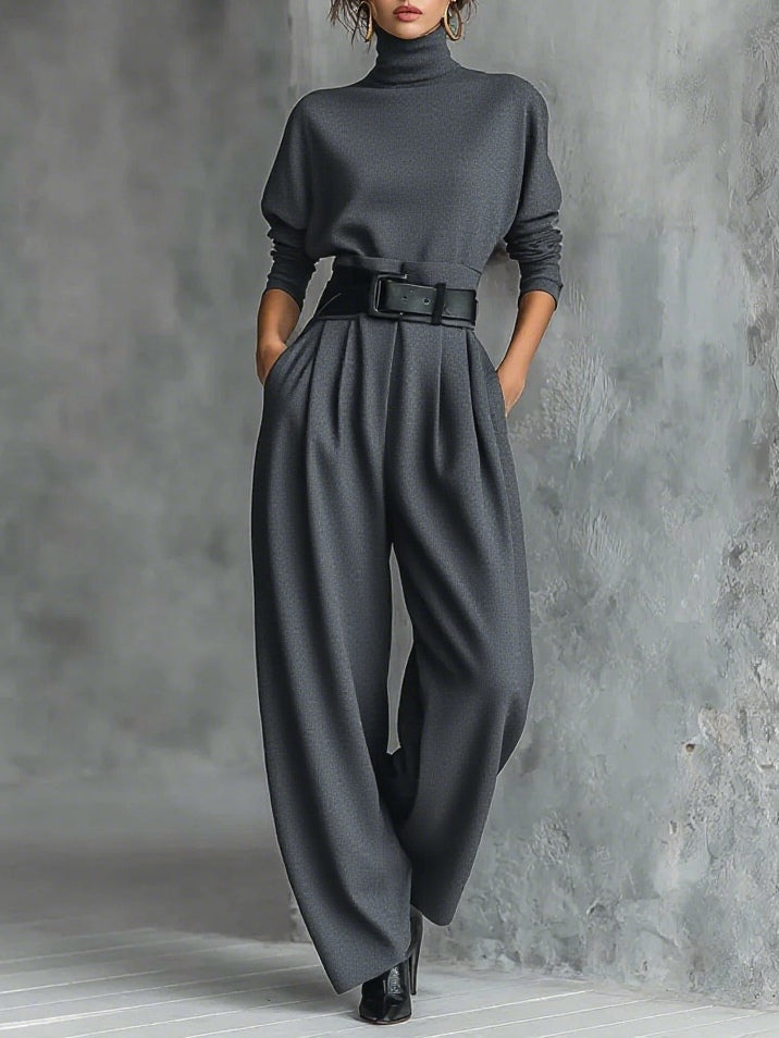 All-black Turtleneck Long-sleeved T-shirt And Straight-leg Pants Two-piece Set (including Belt)-thevervian