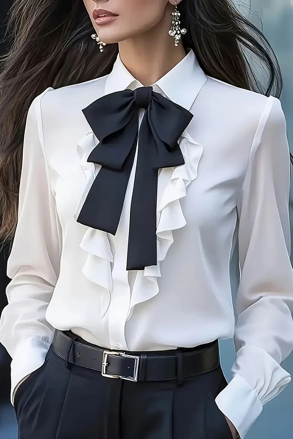Ruffled Bow Tie Casual Long-sleeved Shirt-thevervian