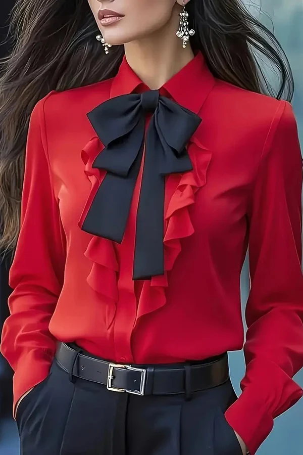 Ruffled Bow Tie Casual Long-sleeved Shirt-thevervian