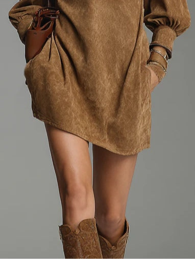 Brown Loose Suede Zipper Turtleneck Mini Dress-thevervian