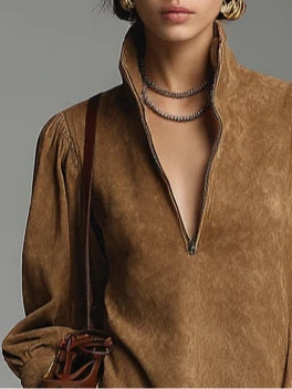 Brown Loose Suede Zipper Turtleneck Mini Dress-thevervian