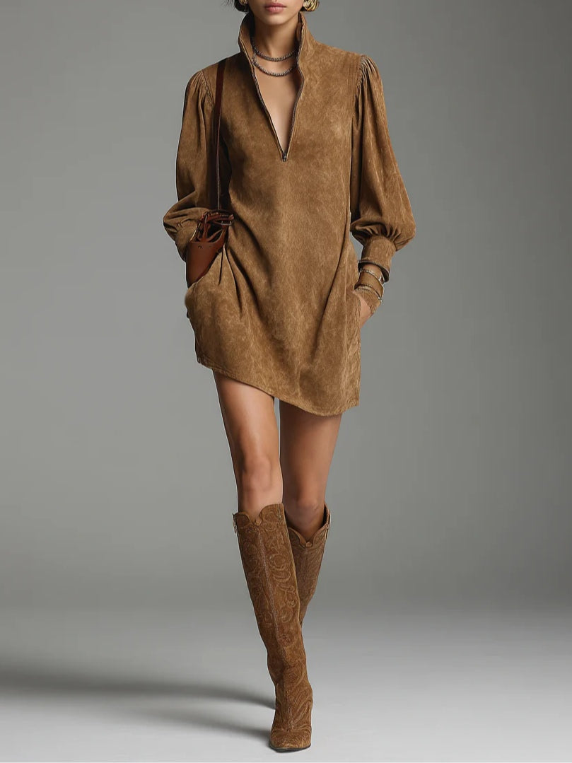 Brown Loose Suede Zipper Turtleneck Mini Dress-thevervian