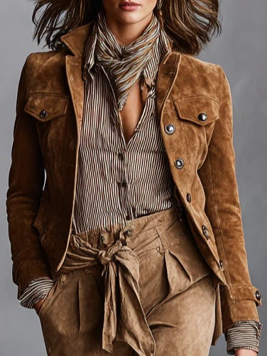 Brown Suede Single-Breasted Lapel Cropped Jacket-thevervian