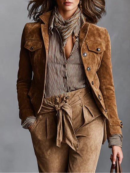 Brown Suede Single-Breasted Lapel Cropped Jacket-thevervian