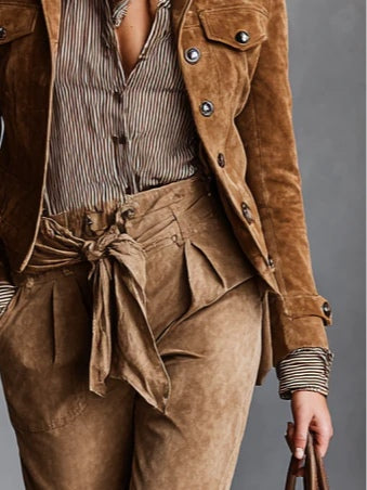 Brown Suede Single-Breasted Lapel Cropped Jacket-thevervian