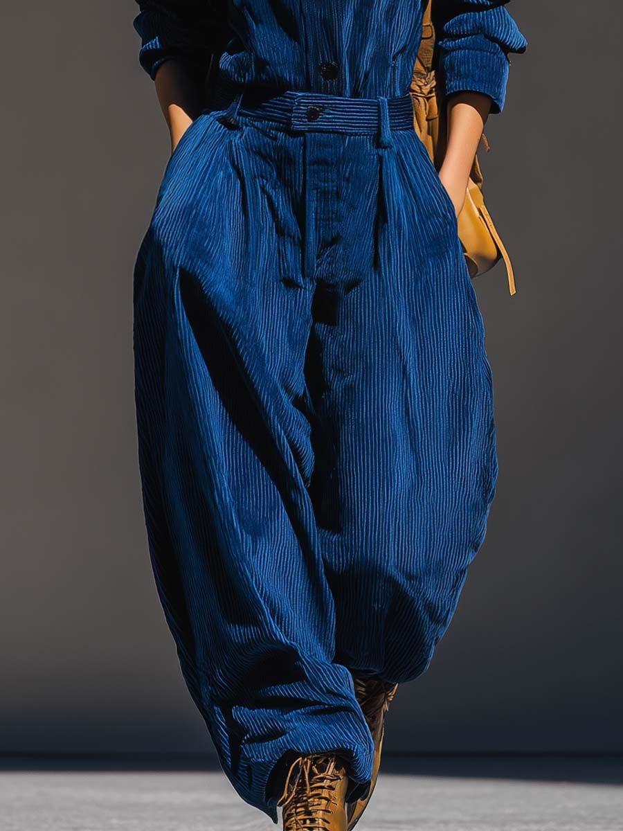 Blue Corduroy Hooded Top And Wide-leg Pants Set-thevervian