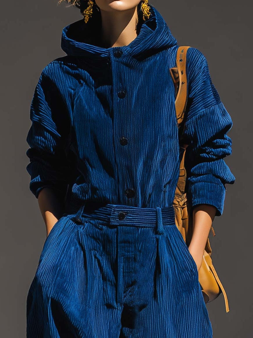Blue Corduroy Hooded Top And Wide-leg Pants Set-thevervian