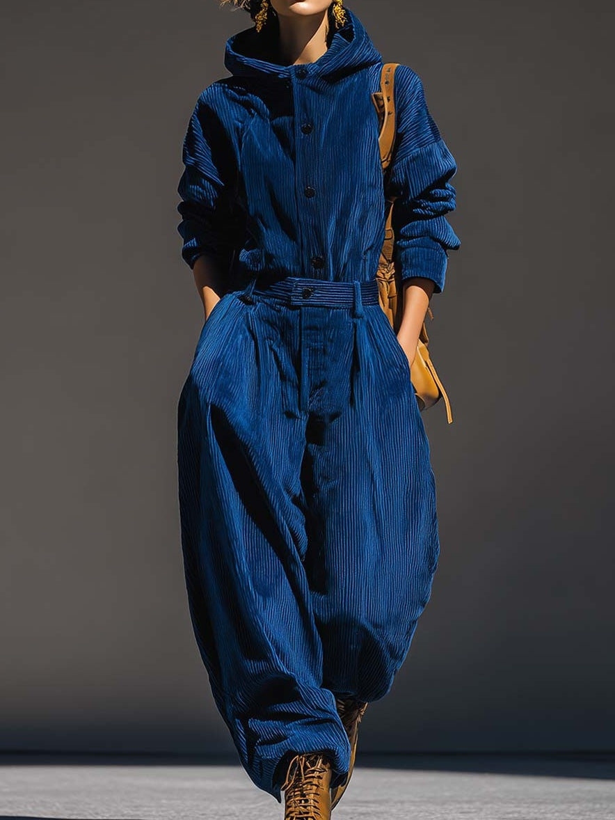 Blue Corduroy Hooded Top And Wide-leg Pants Set-thevervian