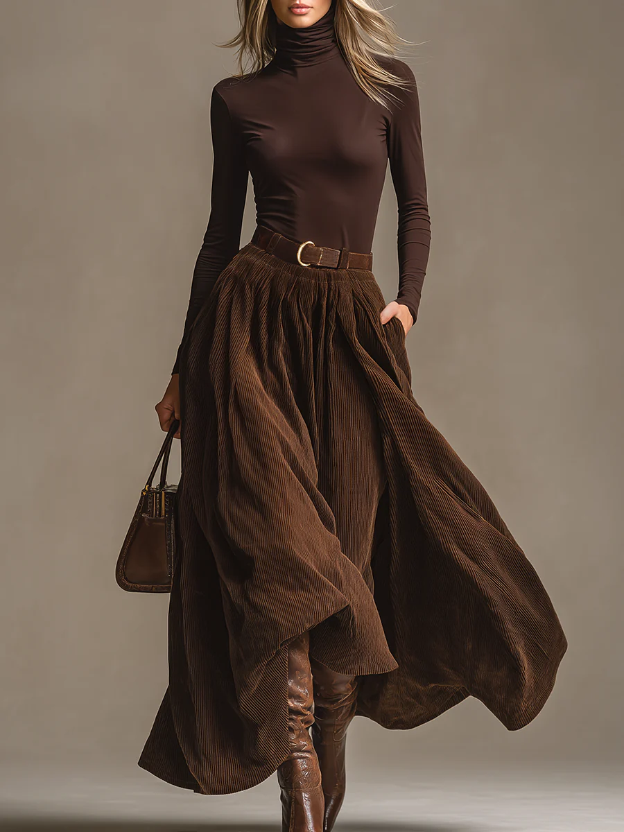 Dark Brown Turtleneck Top And Corduroy Skirt Set-thevervian