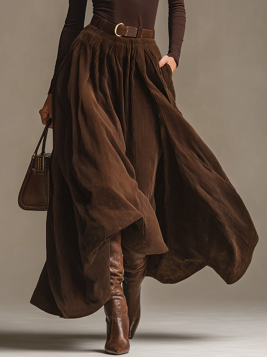 Dark Brown Turtleneck Top And Corduroy Skirt Set-thevervian