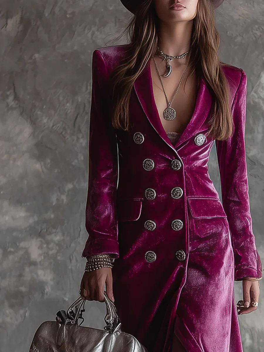 Purple Button-Down Velvet Long Blazer Maxi Dress-thevervian