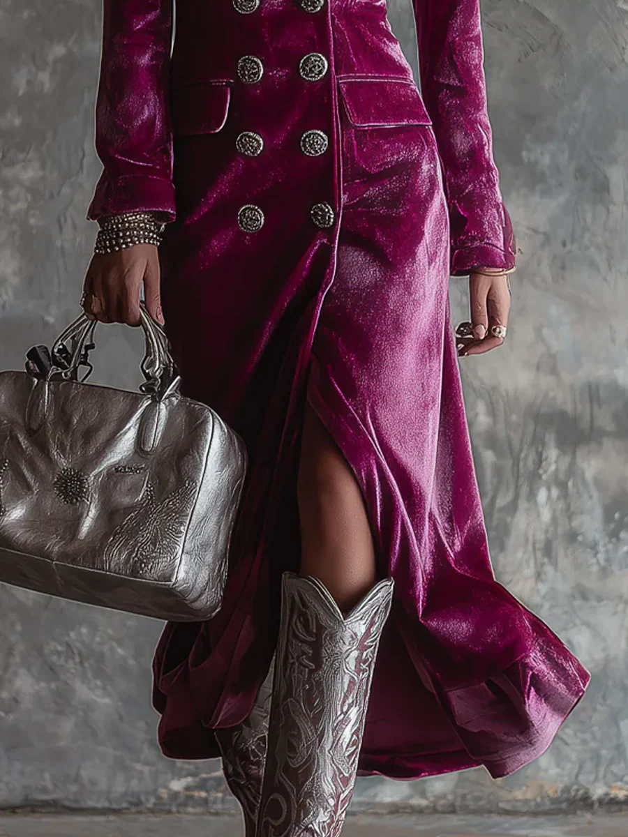 Purple Button-Down Velvet Long Blazer Maxi Dress-thevervian