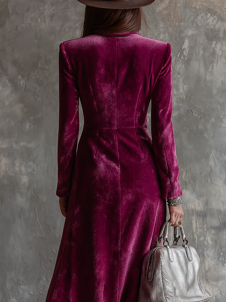 Purple Button-Down Velvet Long Blazer Maxi Dress-thevervian