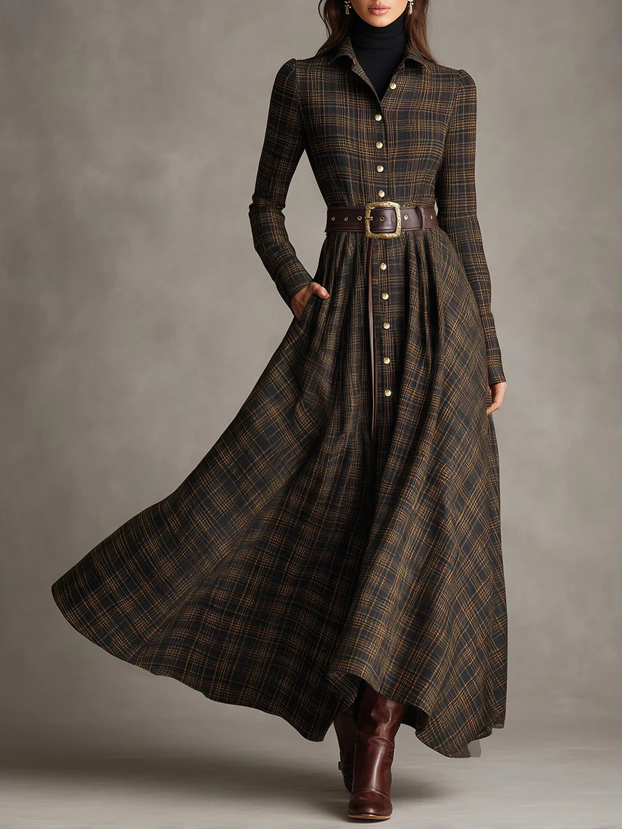 Brown and Black Plaid Lapel Single-Breasted Shirt Long Dress-thevervian