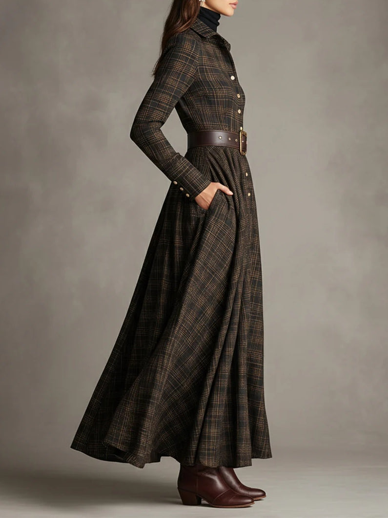 Brown and Black Plaid Lapel Single-Breasted Shirt Long Dress-thevervian