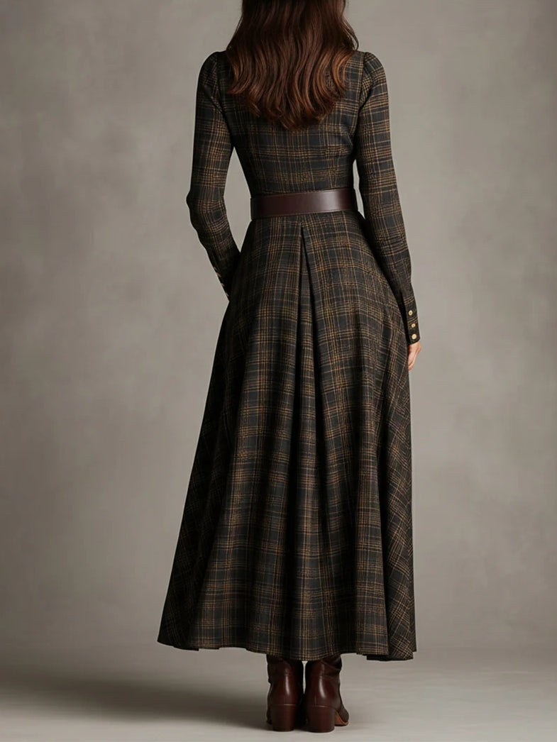 Brown and Black Plaid Lapel Single-Breasted Shirt Long Dress-thevervian