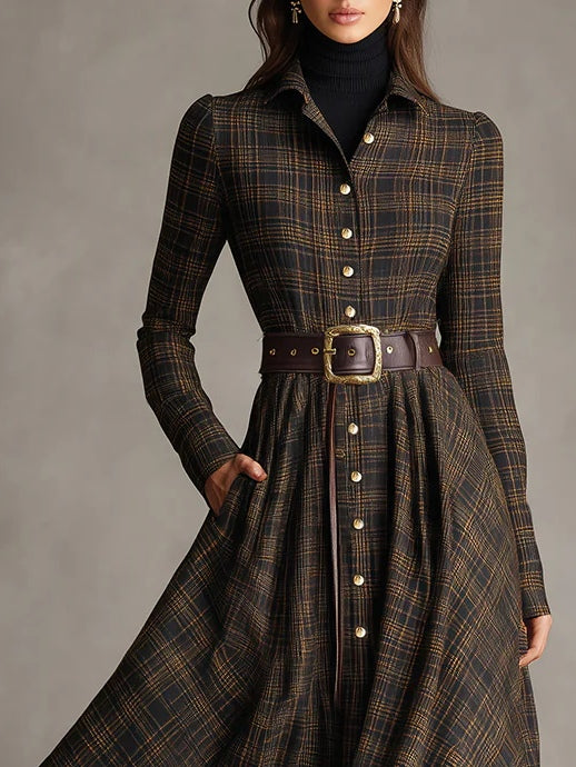 Brown and Black Plaid Lapel Single-Breasted Shirt Long Dress-thevervian