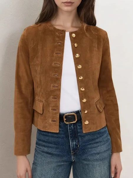 Brown Suede Single-breasted Cropped Jacket-thevervian