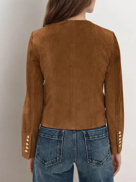 Brown Suede Single-breasted Cropped Jacket-thevervian