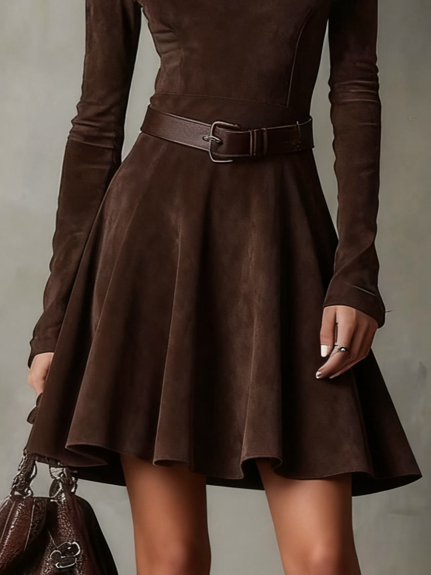 Vintage Dark Brown Suede Mock Neck Mini Dress-thevervian