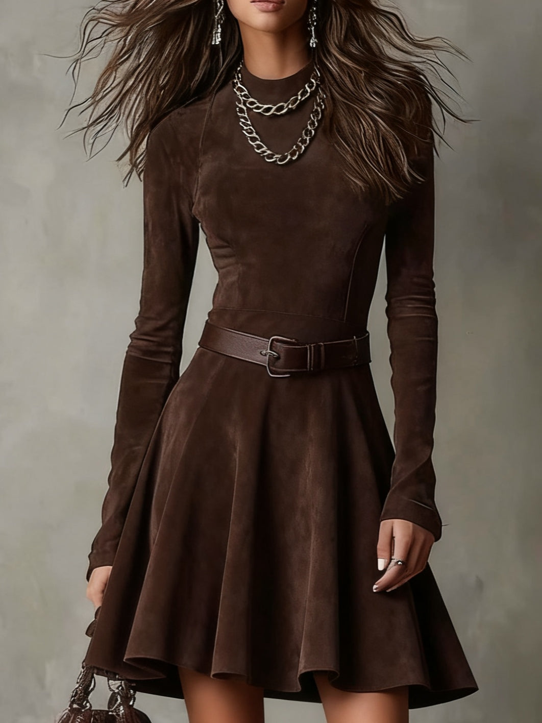 Vintage Dark Brown Suede Mock Neck Mini Dress-thevervian