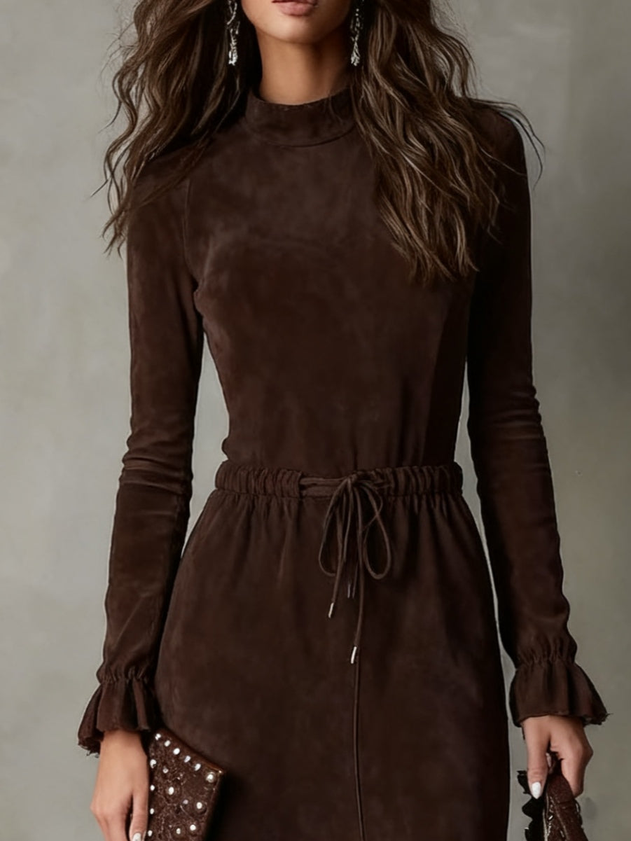 Elegant Dark Brown Suede Drawstring Irregular Midi Dress-thevervian