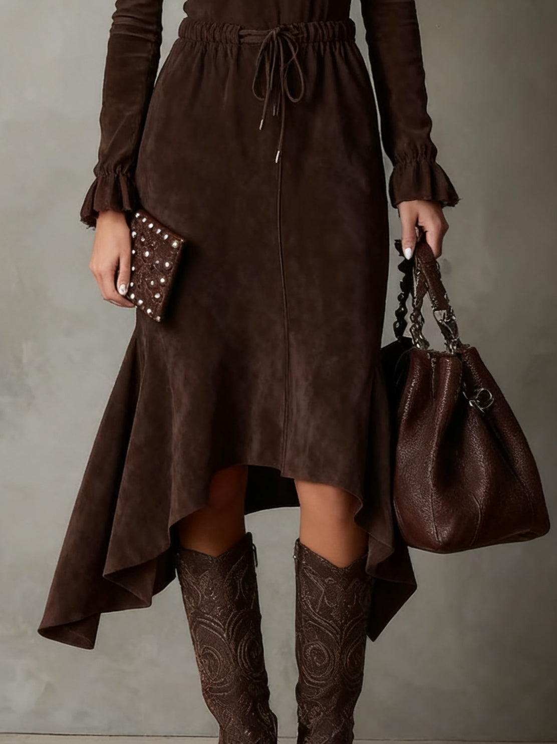 Elegant Dark Brown Suede Drawstring Irregular Midi Dress-thevervian