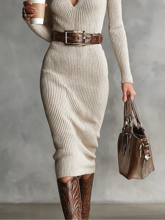 Slim Fit Half Turtleneck V-Neck Long Sleeve Knitted Belted Midi Dress-thevervian