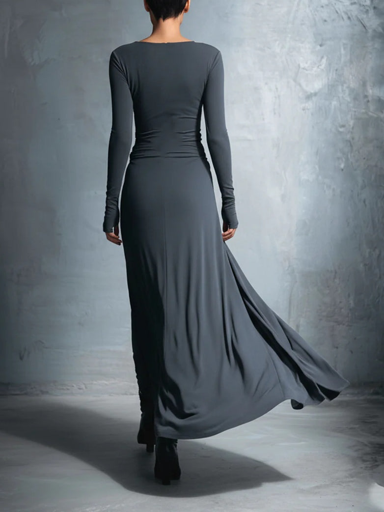 Grey Sophisticated Jersey Knit Wrap Knot Maxi Dress-thevervian
