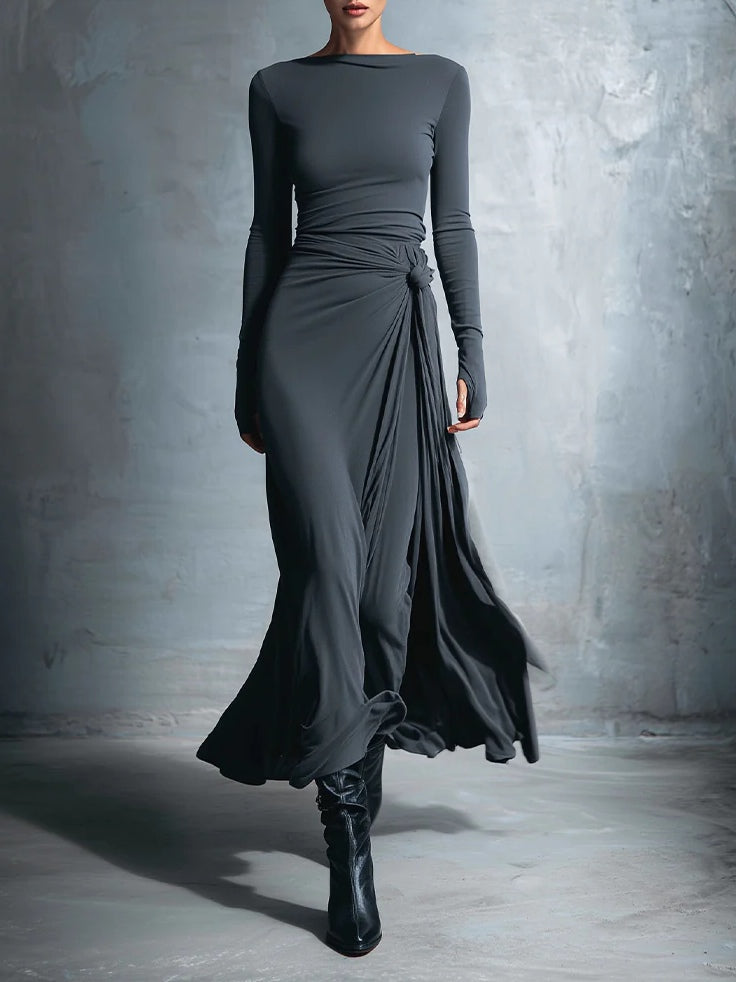 Grey Sophisticated Jersey Knit Wrap Knot Maxi Dress-thevervian