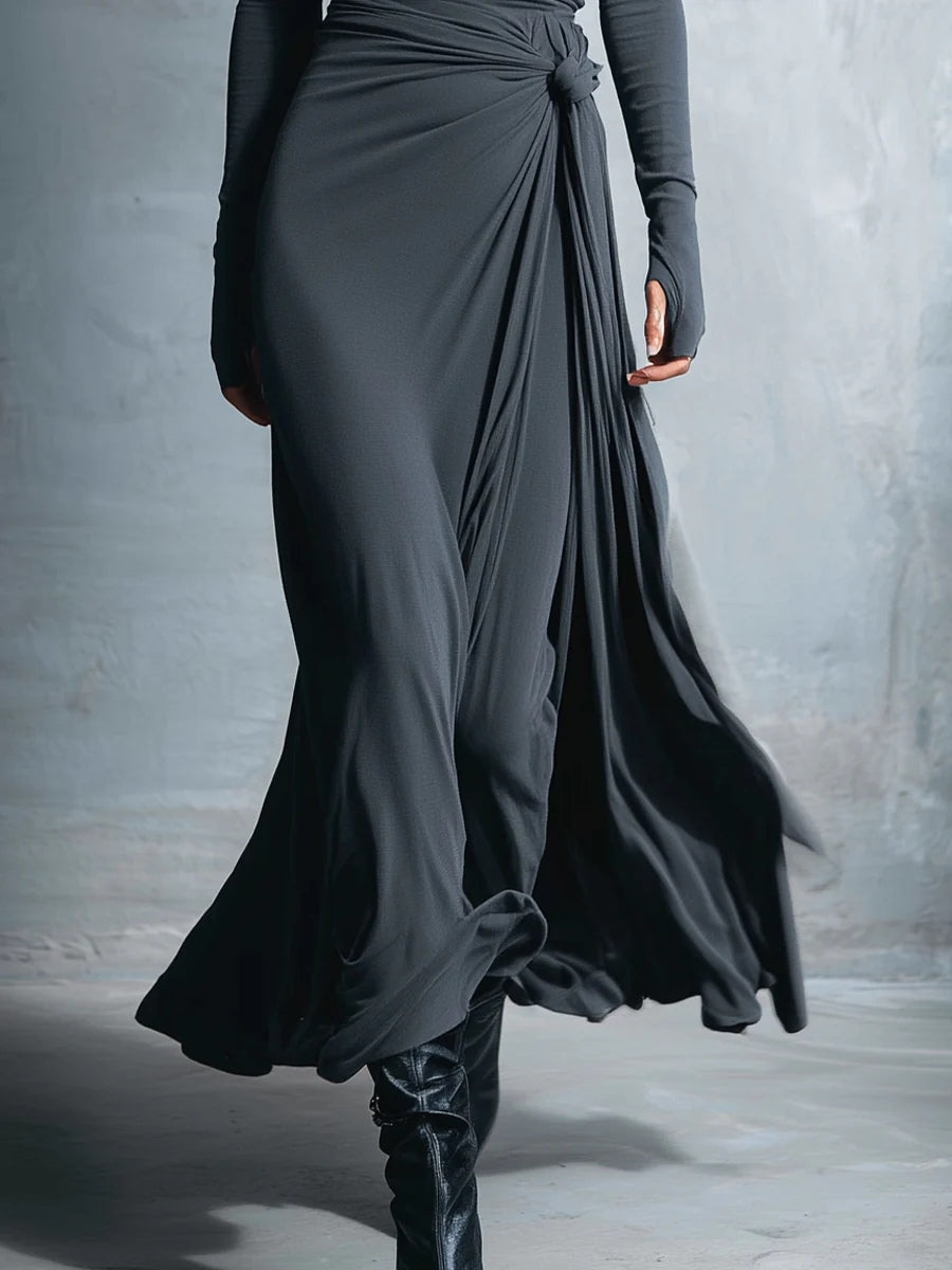 Grey Sophisticated Jersey Knit Wrap Knot Maxi Dress-thevervian