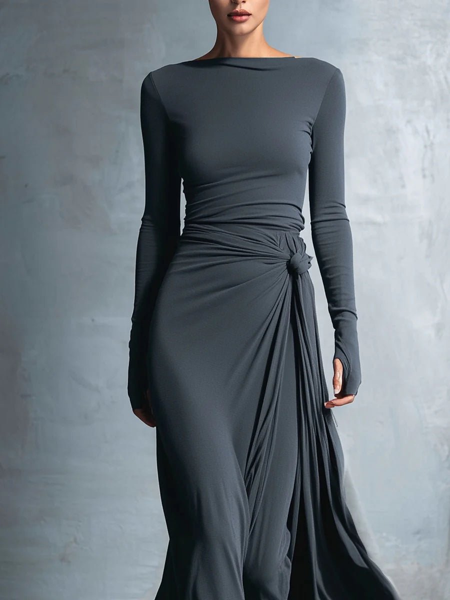 Grey Sophisticated Jersey Knit Wrap Knot Maxi Dress-thevervian