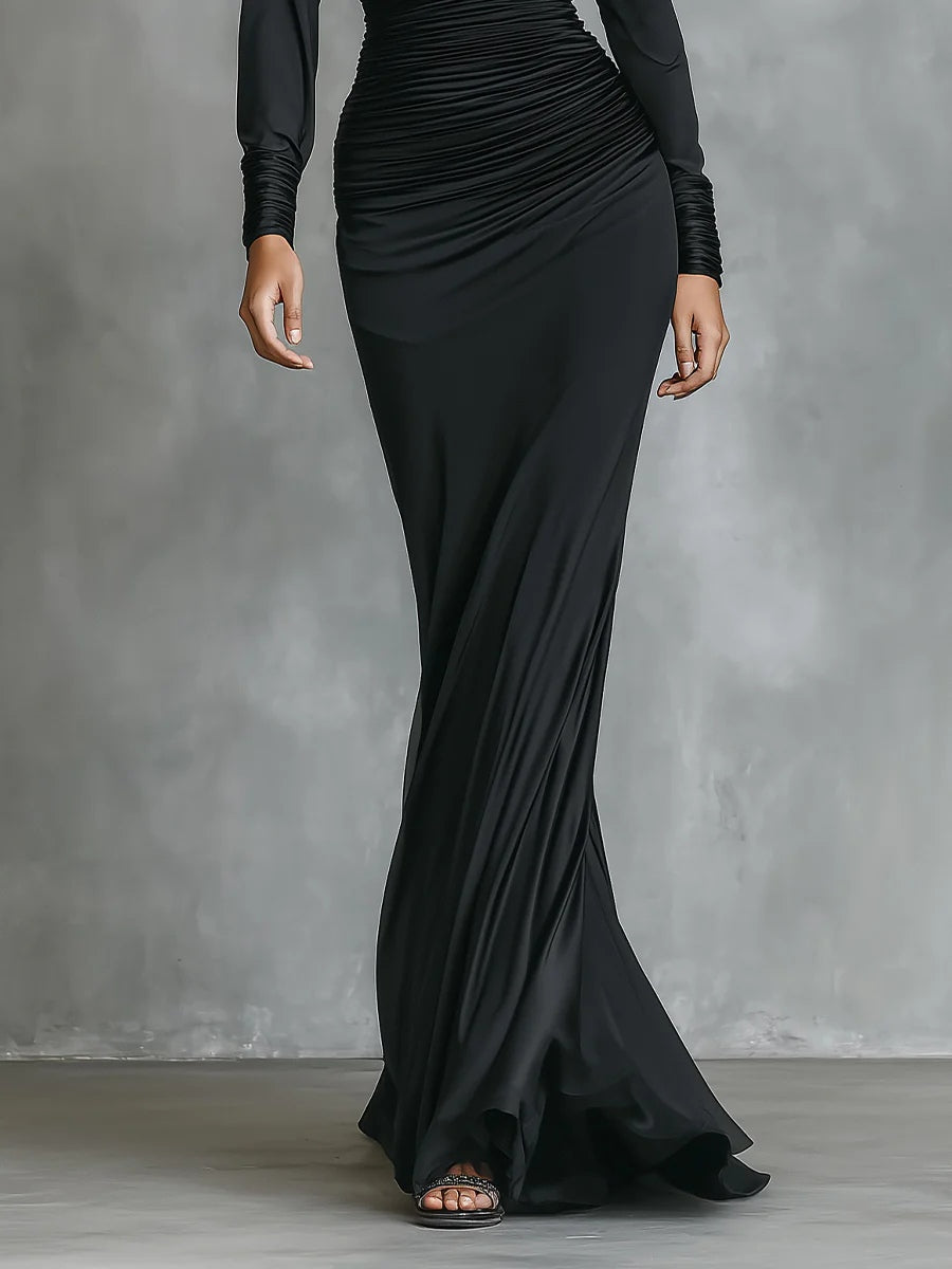 Black Elegant Satin One - Shoulder Ruched Mermaid Maxi Dress-thevervian