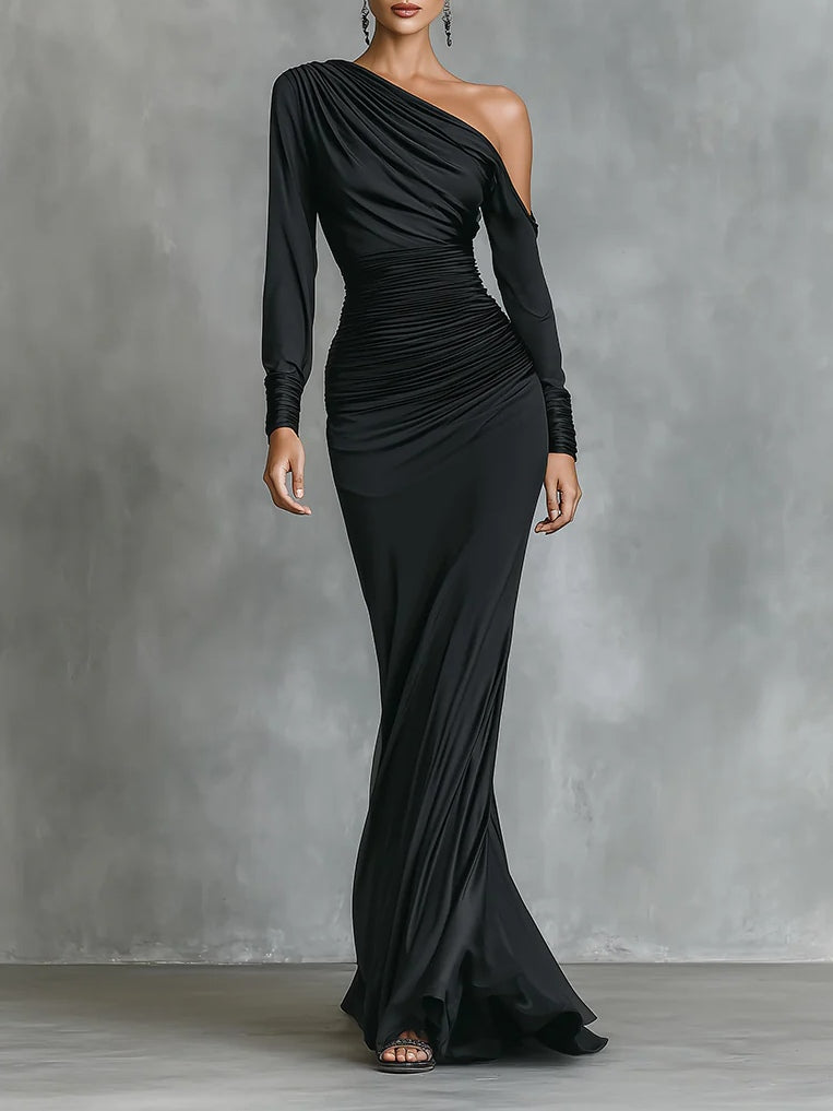 Black Elegant Satin One - Shoulder Ruched Mermaid Maxi Dress-thevervian