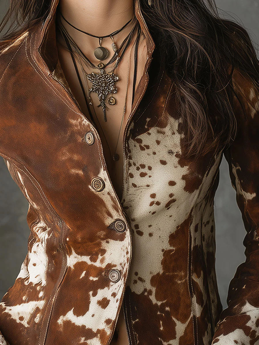Vintage Stand-up Collar Cow Print Slim-fit Jacket-thevervian