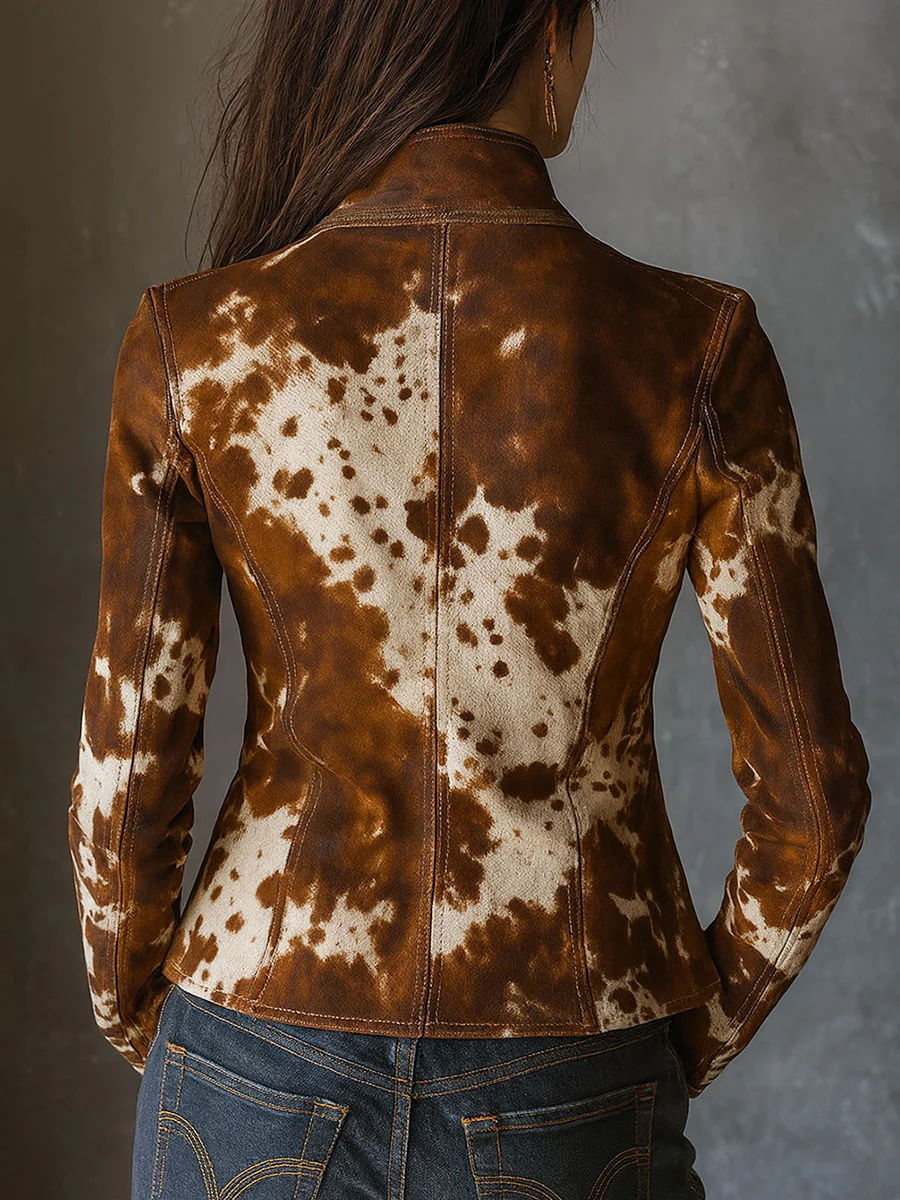 Vintage Stand-up Collar Cow Print Slim-fit Jacket-thevervian
