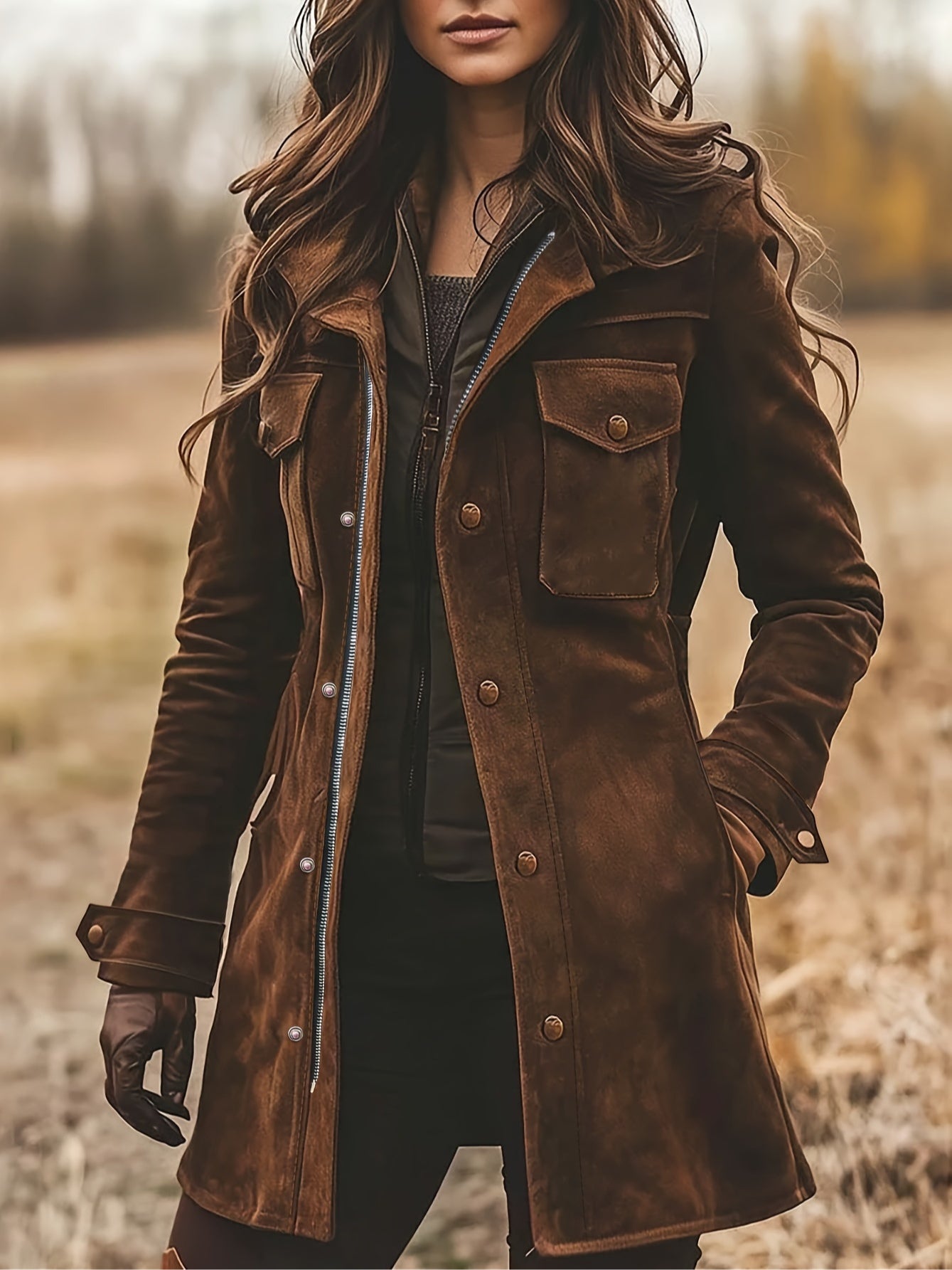 Vintage Suede Lapel Collar Mid-Length Coat Jacket-thevervian
