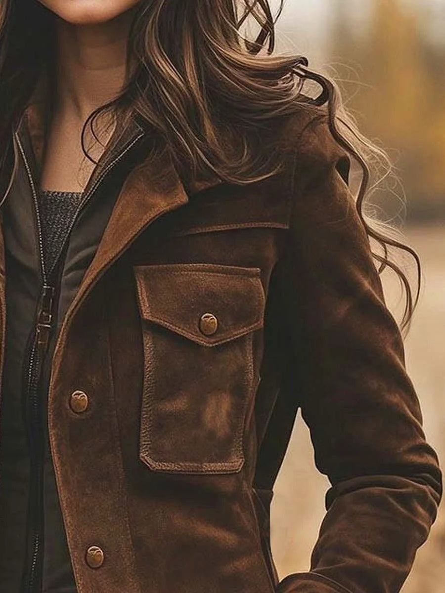 Vintage Suede Lapel Collar Mid-Length Coat Jacket-thevervian