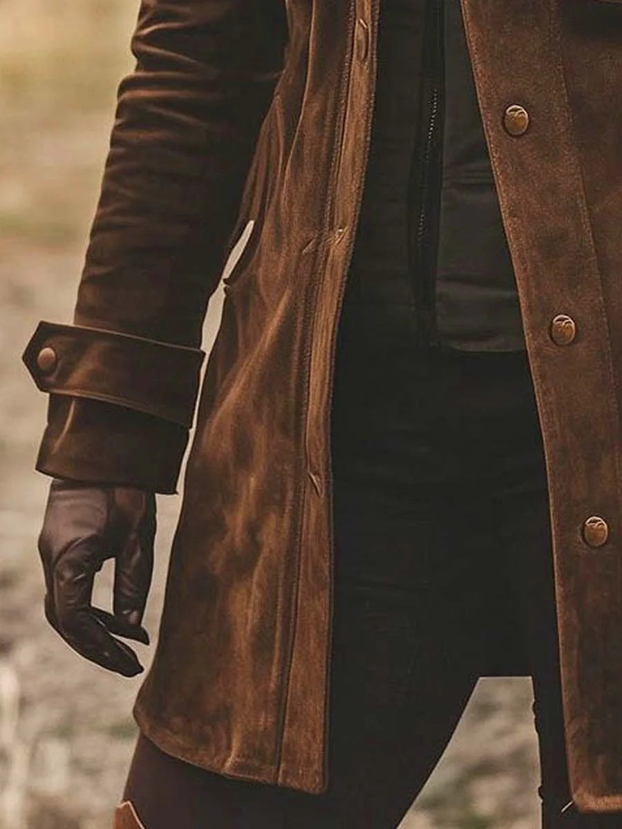 Vintage Suede Lapel Collar Mid-Length Coat Jacket-thevervian