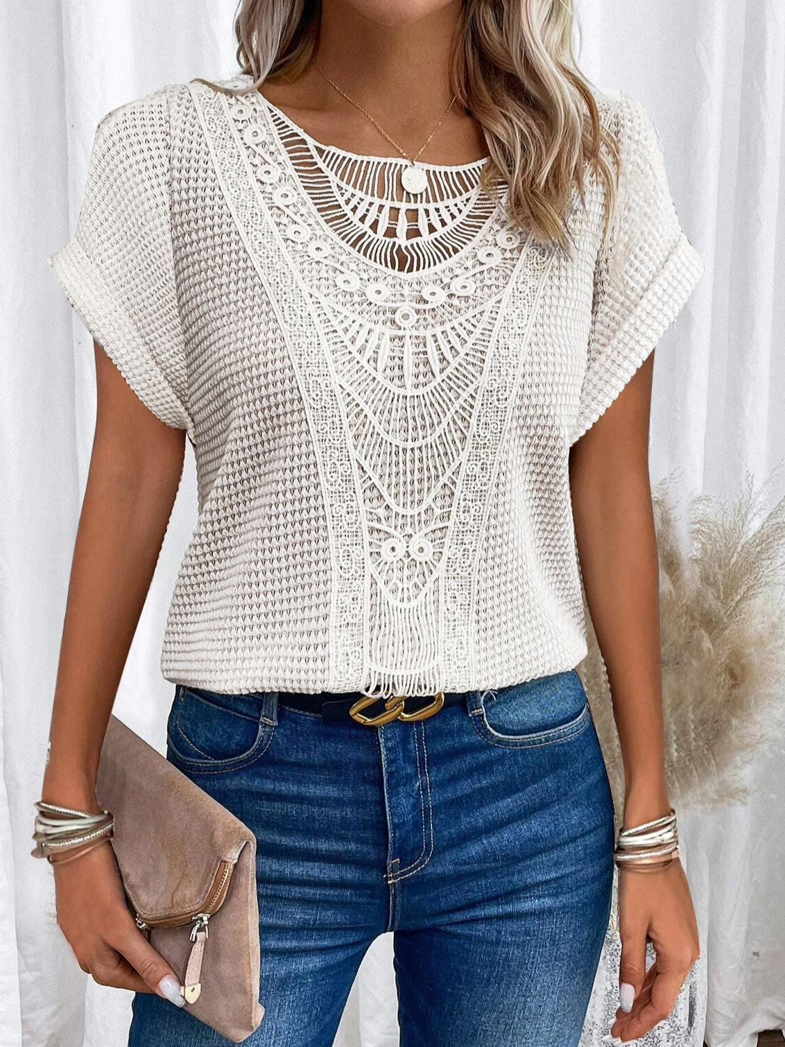 Elegant Lace Patchwork Hollow Short-sleeved Top-thevervian