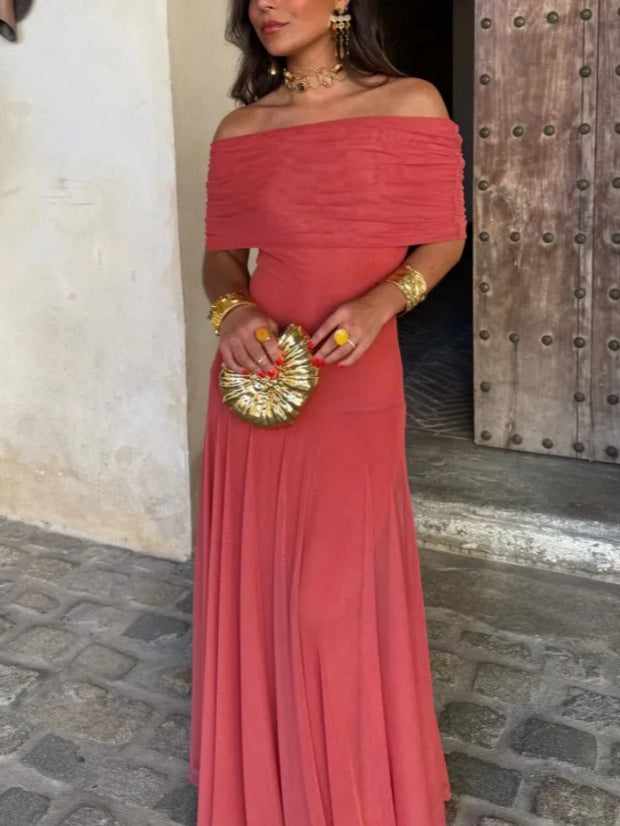 Brown One Shoulder Mesh Maxi Dress-thevervian